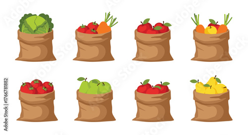 A collection of burlap sacks brimming with various fruits and vegetables, including apples, pears, carrots, tomatoes, and cabbage.