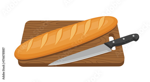 A golden-brown baguette and a sharp chef's knife rest on a rustic wooden cutting board, ready for slicing and serving.