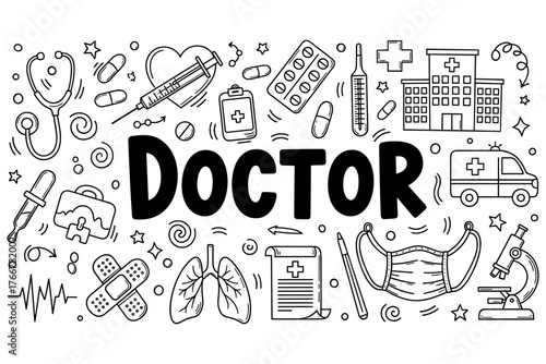 Medical doodle art with hospital elements and doctor theme