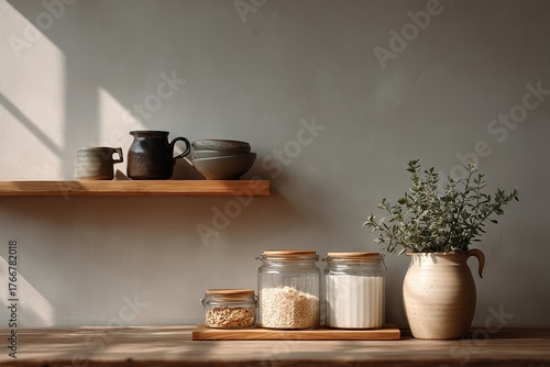 Wallpaper Mural Minimalist kitchen sideboard with jars, plants, and mugs Torontodigital.ca