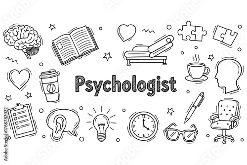 Psychologist icons: brain, therapy, and mental health symbols in black and white