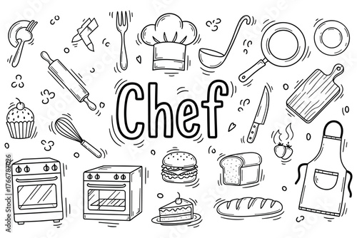 Doodle kitchenware with chef hat, tools, and food items