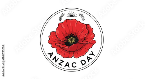 Vibrant red poppy flower with the words anzac day encircling it in circular emblem, symbolizing remembrance and respect for fallen soldiers