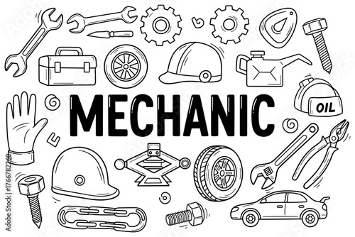 Mechanic tools and symbols in black and white outline sketch