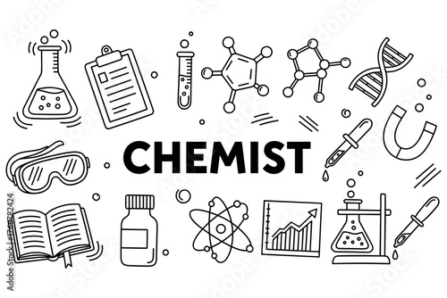Chemist icons: laboratory equipment and scientific symbols illustrated in black and white