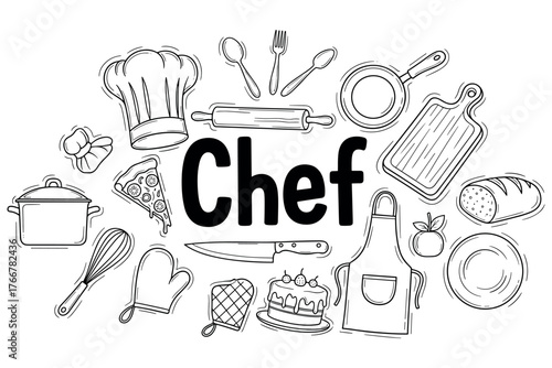 Culinary tools and chef essentials illustration with kitchen utensils