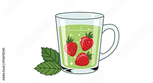 Refreshing beverage with strawberries, mint leaves, and a green liquid served in a clear glass mug, a delightful and healthy drink.