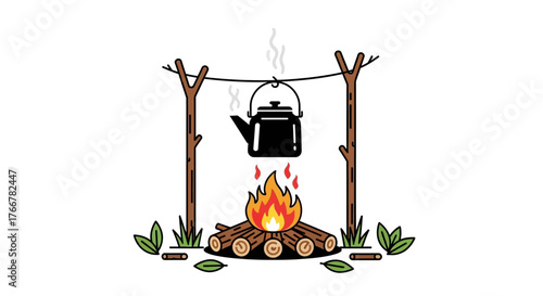Campfire cooking with kettle hanging over the flames, surrounded by logs, grass, and leaves