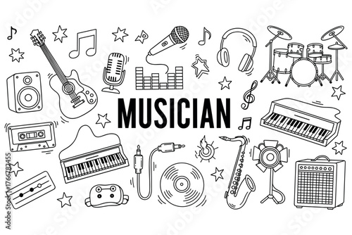 Musician icons: instruments, microphone, headphones, speaker, piano, guitar, cassette