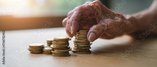 The elderly hand stacking coins representing careful retirement savings and financial planning