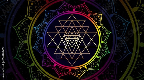 Animation of Psychedelic Sri Yantra lotus mandala, colorful sacred geometry used in Hinduism, Tantrism as a tool for meditation and concentration to harmonize the mind and promote spiritual awakening