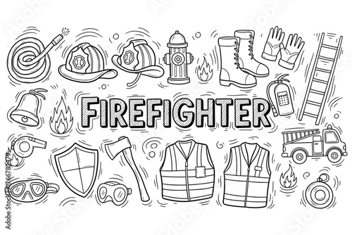 Firefighter equipment and tools doodle set featuring helmets, boots, and fire hydrant