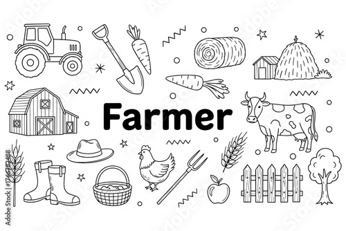 Farm life elements: tractor, barn, animals, crops, tools in black and white illustration