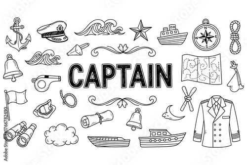 Nautical symbols collection featuring ships, anchors, and captain elements in black and white
