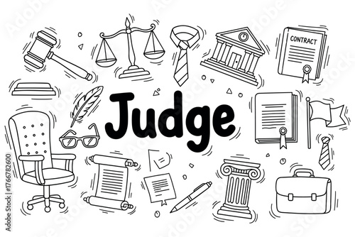 Legal professions concept with judge, gavel, scales, and legal documents in black and white doodles