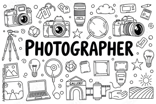 Photography equipment doodle: cameras, lenses, and accessories