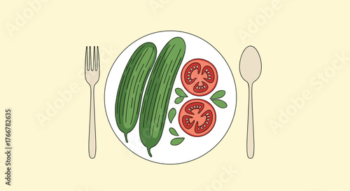 Plate of fresh cucumbers and sliced tomatoes with a fork and spoon on a pale yellow background.