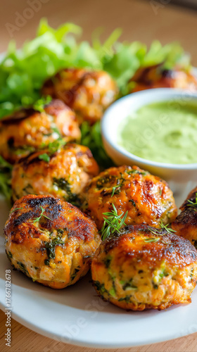 Golden homemade fish/chicken patties with green sauce and salad.