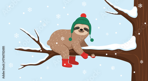 A cute sloth in winter attire enjoys a snowy day perched on a tree branch, showcasing a cheerful winter scene.