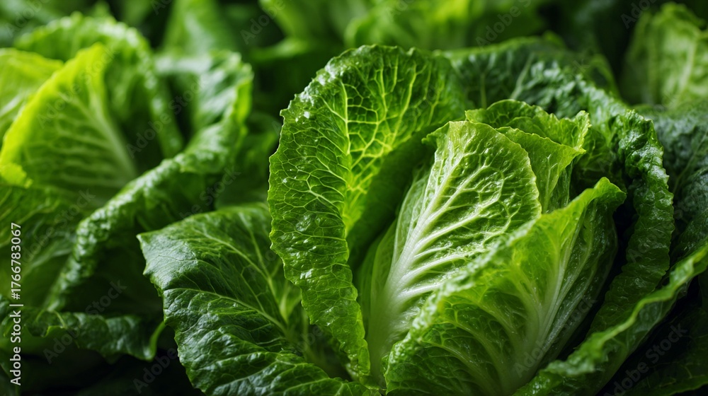 Fototapeta premium Fresh, crisp romaine lettuce leaves showcasing vibrant green color, intricate leaf veins, and dense, layered texture in close-up macro photography