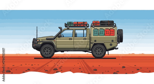 Rugged offroad 4x4 expedition vehicle, equipped with rooftop cargo, jerry cans, and spare tire, driving through vast, arid desert landscape