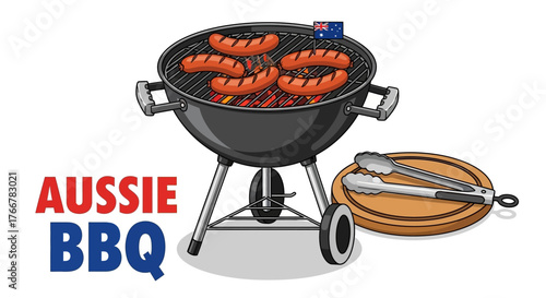 Aussie bbq with sausages on grill, tongs, and cutting board