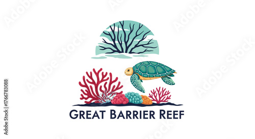 Sea turtle swimming near colorful coral with the words great barrier reef below