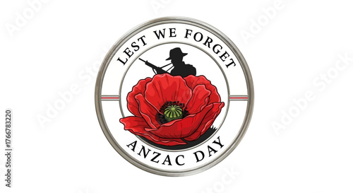 Anzac day remembrance symbol with red poppy and silhouette soldier