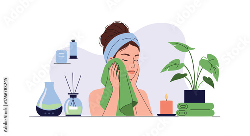 A young woman engages in a calming self-care routine, gently cleansing her face with a towel amidst various beauty and wellness products.