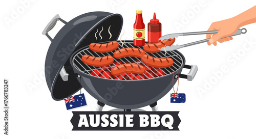 Aussie bbq with sausages on grill, tongs, sauce bottles, and australian flags