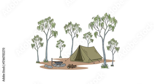 Simple camping tent set up in forest clearing with campfire, surrounded by eucalyptus trees