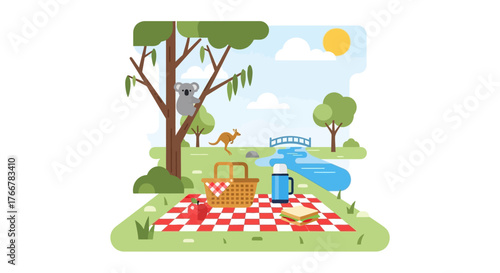 Australian Picnic: A charming picnic scene unfolds under a sunny sky in Australia, featuring a koala, a kangaroo, and a refreshing setting.