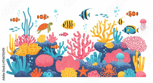 Vibrant underwater coral reef scene with diverse marine life including clownfish, sea turtle, octopus, starfish, and jellyfish, set against clean for easy integration into various designs