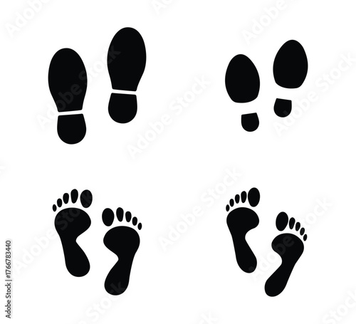 Set of footprints, female and male footprints in shoes and barefoot, isolated icon