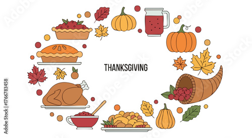 Thanksgiving feast with turkey pie and harvest foods.