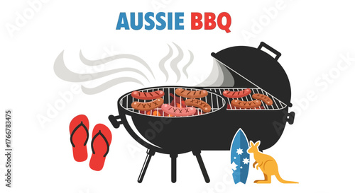 Vibrant aussie bbq scene featuring grill full sausages, flipflops, surfboard, kangaroo, and steam