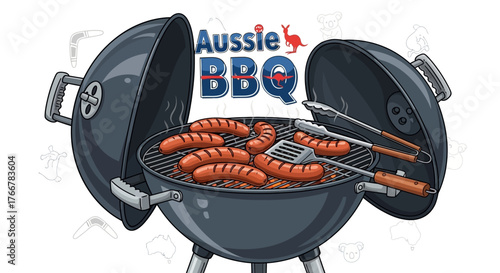 Aussie bbq with sausages cooking on grill