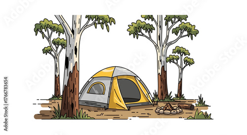 Cozy camping tent is set up in forest clearing with eucalyptus trees and campfire, perfect for outdoor adventure and nature escape