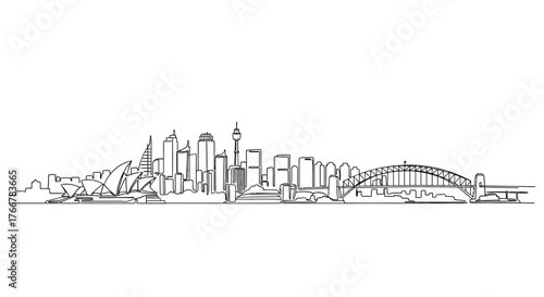 Handdrawn sketch the sydney skyline, featuring iconic buildings and the harbour bridge, presented in minimalist line style