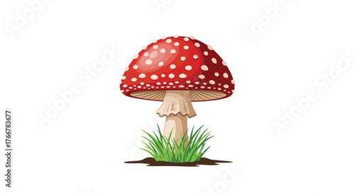 Red mushroom with white spots and green grass growing in the dirt on a white background.