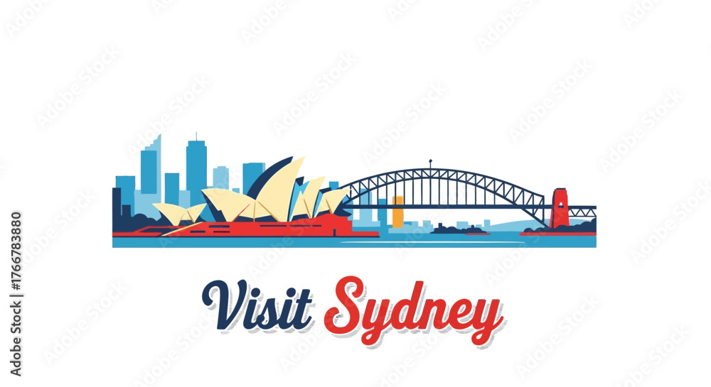 Obraz premium Stylized the sydney skyline with the opera house and harbour bridge, featuring the text visit sydney and
