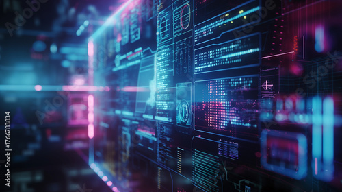 Cybernetic interface: A complex interface, illuminated by vibrant digital readouts, displays data and technological prowess. This image offers a glimpse into the cutting edge of modern interfaces.