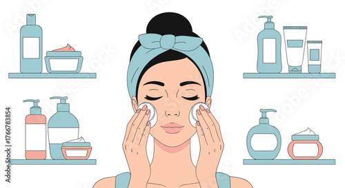 Woman Cleansing Face with Cotton Pads, Surrounded by Skincare Products, in a Beauty Routine Illustration.
