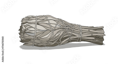 A smudge stick of dried white sage used for smudging rituals lies horizontally with a small drop shadow on the ground beneath it.