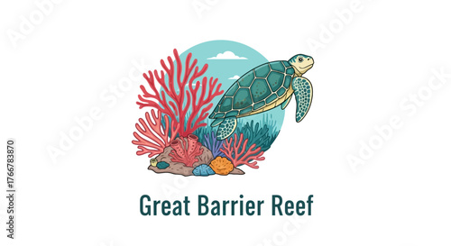 Sea turtle swimming gracefully among colorful coral reefs and marine life in the great barrier reef, with blue sky and clouds above