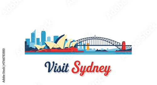 Stylized the sydney skyline with the opera house and harbour bridge, featuring the text visit sydney and