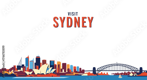 Vibrant the sydney skyline featuring the opera house and harbour bridge, with the text visit sydney above
