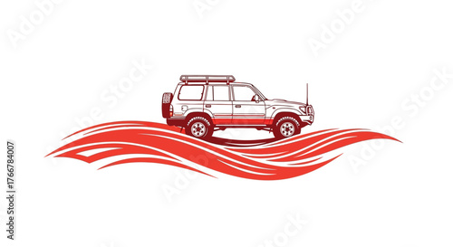 Red off road vehicle driving through abstract red waves