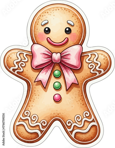 Adorable watercolor illustration of a smiling gingerbread man cookie sticker with a large pink bow.