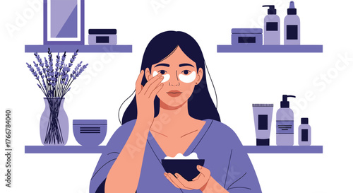 Woman applying eye patches, surrounded by skincare products, promoting self-care and beauty routines.